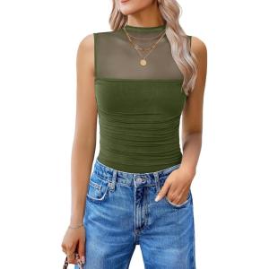 imageAvidlove Womens Mock Neck Mesh Bodysuit Ruched Tank Body Suits Top Sheer One Piece Going Out Tops Classy OutfitsOlive Green