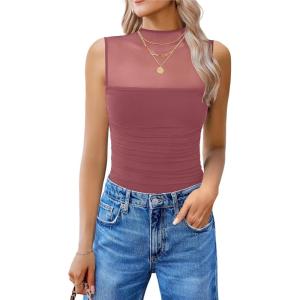imageAvidlove Womens Mock Neck Mesh Bodysuit Ruched Tank Body Suits Top Sheer One Piece Going Out Tops Classy OutfitsPurple Red