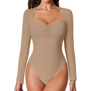 imageAvidlove Womens Sexy Sweetheart Neckline Bodysuit Tops Long Sleeve Double Lined Thong Body Suits Ruched OutfitsBeige