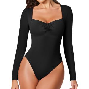 imageAvidlove Womens Sexy Sweetheart Neckline Bodysuit Tops Long Sleeve Double Lined Thong Body Suits Ruched OutfitsBlack