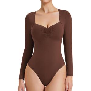imageAvidlove Womens Sexy Sweetheart Neckline Bodysuit Tops Long Sleeve Double Lined Thong Body Suits Ruched OutfitsBrown
