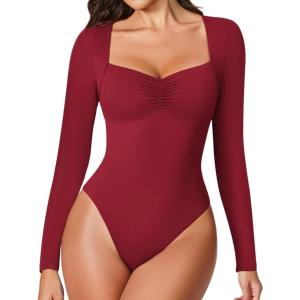 imageAvidlove Womens Sexy Sweetheart Neckline Bodysuit Tops Long Sleeve Double Lined Thong Body Suits Ruched OutfitsRed