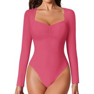 imageAvidlove Womens Sexy Sweetheart Neckline Bodysuit Tops Long Sleeve Double Lined Thong Body Suits Ruched OutfitsRose Red