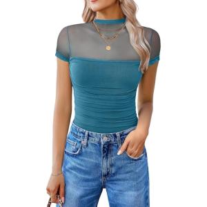 imageAvidlove Womens Short Sleeve Bodysuit Turtle Neck Body Suits Mesh One Piece Leotard Going Out Tops Date OutfitsBlue Green