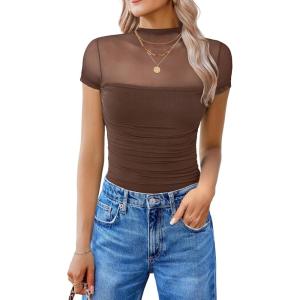 imageAvidlove Womens Short Sleeve Bodysuit Turtle Neck Body Suits Mesh One Piece Leotard Going Out Tops Date OutfitsBrown
