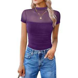 imageAvidlove Womens Short Sleeve Bodysuit Turtle Neck Body Suits Mesh One Piece Leotard Going Out Tops Date OutfitsDark Purple