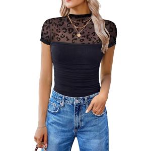 imageAvidlove Womens Short Sleeve Bodysuit Turtle Neck Body Suits Mesh One Piece Leotard Going Out Tops Date OutfitsLeopard