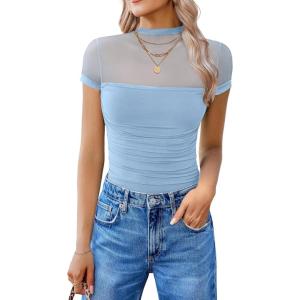 imageAvidlove Womens Short Sleeve Bodysuit Turtle Neck Body Suits Mesh One Piece Leotard Going Out Tops Date OutfitsLight Blue