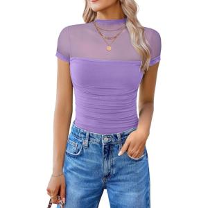 imageAvidlove Womens Short Sleeve Bodysuit Turtle Neck Body Suits Mesh One Piece Leotard Going Out Tops Date OutfitsLilac