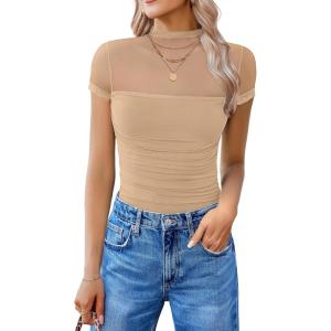 imageAvidlove Womens Short Sleeve Bodysuit Turtle Neck Body Suits Mesh One Piece Leotard Going Out Tops Date OutfitsNude