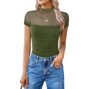 imageAvidlove Womens Short Sleeve Bodysuit Turtle Neck Body Suits Mesh One Piece Leotard Going Out Tops Date OutfitsOlive Green