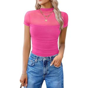 imageAvidlove Womens Short Sleeve Bodysuit Turtle Neck Body Suits Mesh One Piece Leotard Going Out Tops Date OutfitsPink
