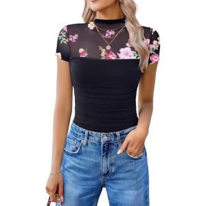 imageAvidlove Womens Short Sleeve Bodysuit Turtle Neck Body Suits Mesh One Piece Leotard Going Out Tops Date OutfitsPrint Flower