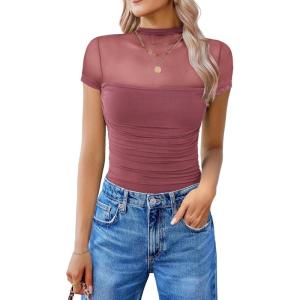 imageAvidlove Womens Short Sleeve Bodysuit Turtle Neck Body Suits Mesh One Piece Leotard Going Out Tops Date OutfitsPurple Red