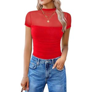 imageAvidlove Womens Short Sleeve Bodysuit Turtle Neck Body Suits Mesh One Piece Leotard Going Out Tops Date OutfitsRed