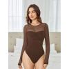 imageAvidlove Bodysuits for Women Long Sleeve Crew Neck Body Suit One Piece Sheer Leotard Twist Knot Going Out TopsBrown