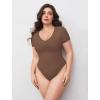 imageAvidlove Short Sleeve Bodysuit for Women Lace V Neck Body Suits Double Lined Bodysuits Sexy Going Out TopBrown