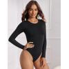 imageAvidlove Womens Crew Neck Long Sleeve Bodysuits Basic Slim Tops Double Lined Thong BodysuitBlack