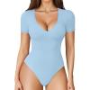 imageAvidlove Short Sleeve Bodysuit for Women Lace V Neck Body Suits Double Lined Bodysuits Sexy Going Out TopLight Blue