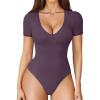 imageAvidlove Short Sleeve Bodysuit for Women Lace V Neck Body Suits Double Lined Bodysuits Sexy Going Out TopPurple