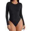 imageAvidlove Womens Crew Neck Long Sleeve Bodysuits Basic Slim Tops Double Lined Thong BodysuitBlack