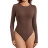 imageAvidlove Womens Crew Neck Long Sleeve Bodysuits Basic Slim Tops Double Lined Thong BodysuitBrown