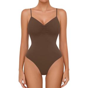 imageAvidlove Body Suits for Womens Sexy Ruched V Neck Thong Bodysuit Backless Sleeveless Double Lined Cami Body Suit TopBrown