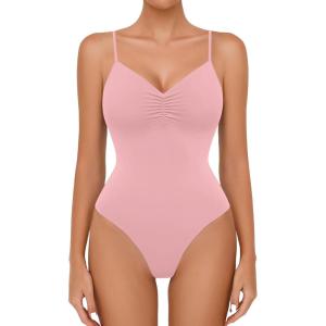 imageAvidlove Body Suits for Womens Sexy Ruched V Neck Thong Bodysuit Backless Sleeveless Double Lined Cami Body Suit TopLight Pink