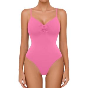 imageAvidlove Body Suits for Womens Sexy Ruched V Neck Thong Bodysuit Backless Sleeveless Double Lined Cami Body Suit TopPink