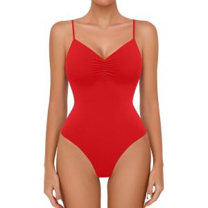 imageAvidlove Body Suits for Womens Sexy Ruched V Neck Thong Bodysuit Backless Sleeveless Double Lined Cami Body Suit TopRed