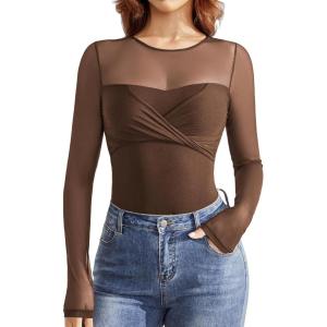imageAvidlove Bodysuits for Women Long Sleeve Crew Neck Body Suit One Piece Sheer Leotard Twist Knot Going Out TopsBrown