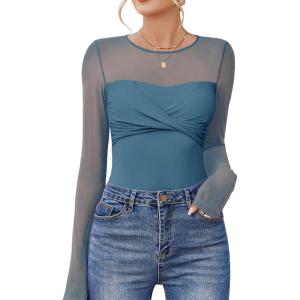 imageAvidlove Bodysuits for Women Long Sleeve Crew Neck Body Suit One Piece Sheer Leotard Twist Knot Going Out TopsCottage Blue