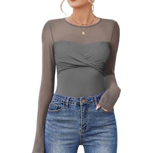 imageAvidlove Bodysuits for Women Long Sleeve Crew Neck Body Suit One Piece Sheer Leotard Twist Knot Going Out TopsGray