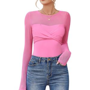imageAvidlove Bodysuits for Women Long Sleeve Crew Neck Body Suit One Piece Sheer Leotard Twist Knot Going Out TopsHot Pink
