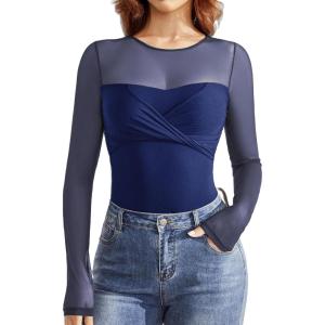 imageAvidlove Bodysuits for Women Long Sleeve Crew Neck Body Suit One Piece Sheer Leotard Twist Knot Going Out TopsNavy Blue