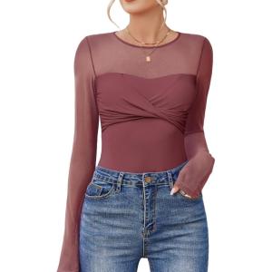 imageAvidlove Bodysuits for Women Long Sleeve Crew Neck Body Suit One Piece Sheer Leotard Twist Knot Going Out TopsPale Violet Red