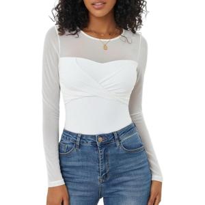 imageAvidlove Bodysuits for Women Long Sleeve Crew Neck Body Suit One Piece Sheer Leotard Twist Knot Going Out TopsWhite