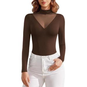 imageAvidlove Bodysuits for Women Long Sleeve Going Out Tops Mock Turtleneck Body Suits Double Lined Leotard ShirtsBrown