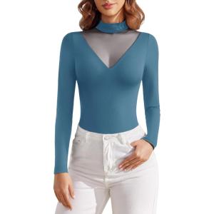 imageAvidlove Bodysuits for Women Long Sleeve Going Out Tops Mock Turtleneck Body Suits Double Lined Leotard ShirtsCottage Blue