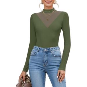 imageAvidlove Bodysuits for Women Long Sleeve Going Out Tops Mock Turtleneck Body Suits Double Lined Leotard ShirtsDark Olive Green