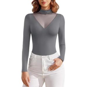 imageAvidlove Bodysuits for Women Long Sleeve Going Out Tops Mock Turtleneck Body Suits Double Lined Leotard ShirtsGrey