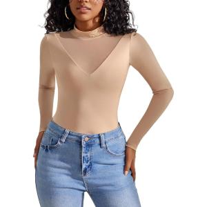 imageAvidlove Bodysuits for Women Long Sleeve Going Out Tops Mock Turtleneck Body Suits Double Lined Leotard ShirtsNude
