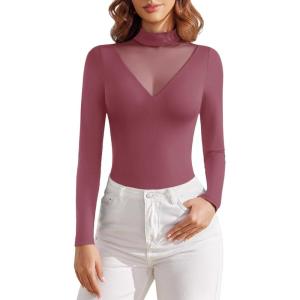 imageAvidlove Bodysuits for Women Long Sleeve Going Out Tops Mock Turtleneck Body Suits Double Lined Leotard ShirtsPale Violet Red