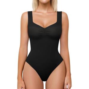 imageAvidlove Bodysuits for Women Sweetheart Neck Ruched Body Suit Seamless Double Lined Tank Top SlimmingBlack