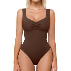 imageAvidlove Bodysuits for Women Sweetheart Neck Ruched Body Suit Seamless Double Lined Tank Top SlimmingBrown