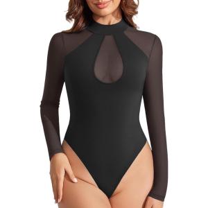 imageAvidlove Long Sleeve Bodysuits for Women Mesh Bodysuit Top Mock Neck Thong Body Suit Going Out TopsBlack