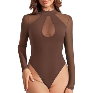 imageAvidlove Long Sleeve Bodysuits for Women Mesh Bodysuit Top Mock Neck Thong Body Suit Going Out TopsBrown
