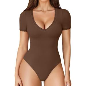imageAvidlove Short Sleeve Bodysuit for Women Lace V Neck Body Suits Double Lined Bodysuits Sexy Going Out TopBrown