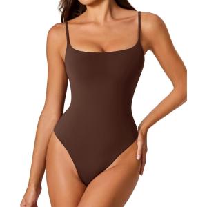 imageAvidlove Tank Top Bodysuit for Women Square Neck Double Lined Body Suits One Piece Thong Basic Summer Cami TopsBrown