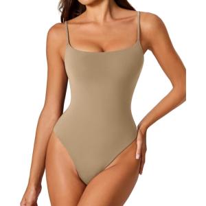 imageAvidlove Tank Top Bodysuit for Women Square Neck Double Lined Body Suits One Piece Thong Basic Summer Cami TopsKhaki